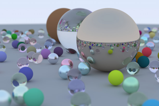 a ray tracer render demonstrating sphere intersection, three materials (diffuse, reflective, and glass), antialiasing, and bokeh